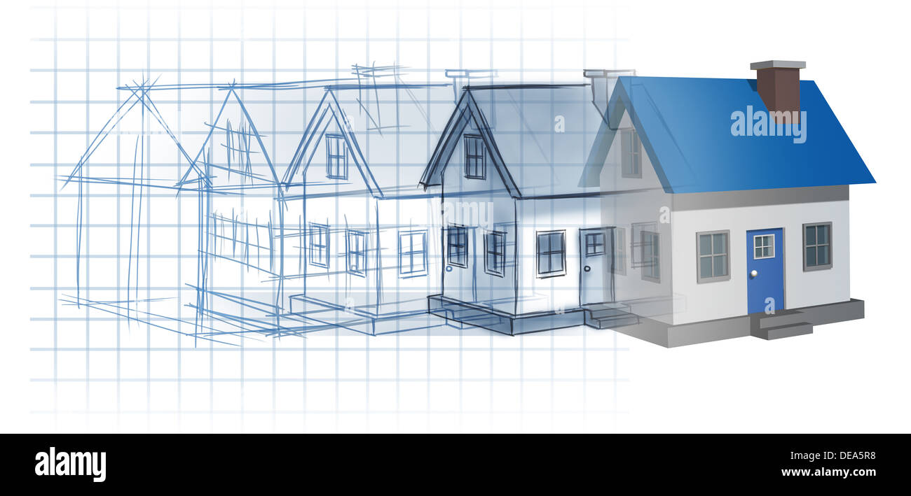 Wohn-Entwicklungskonstruktion und Planungskonzept als vorläufige Entwurf zeichnen skizzieren entwickelt sich zu einem fertig gebaute Haus als eine Wohnungswirtschaft Symbol der Architektur inspirieren. Stockfoto