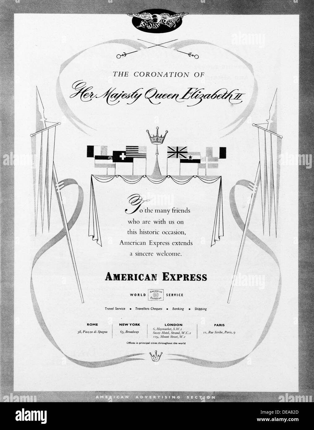 American Express-Anzeige im Vereinigten Königreich im Jahr 1953 Stockfoto