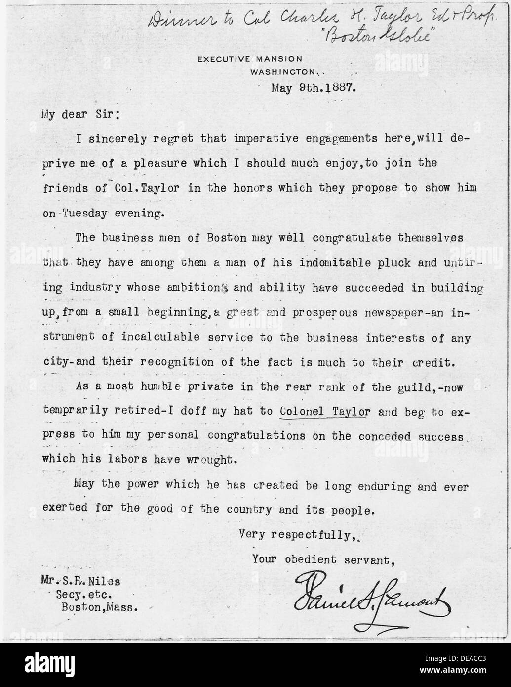 Ein Brief von Daniel Lamont an S.R. Niles vom 9. Mai 1887. Der Brief gibt Einblicke in die Korrespondenz des späten 19. Jahrhunderts. Stockfoto