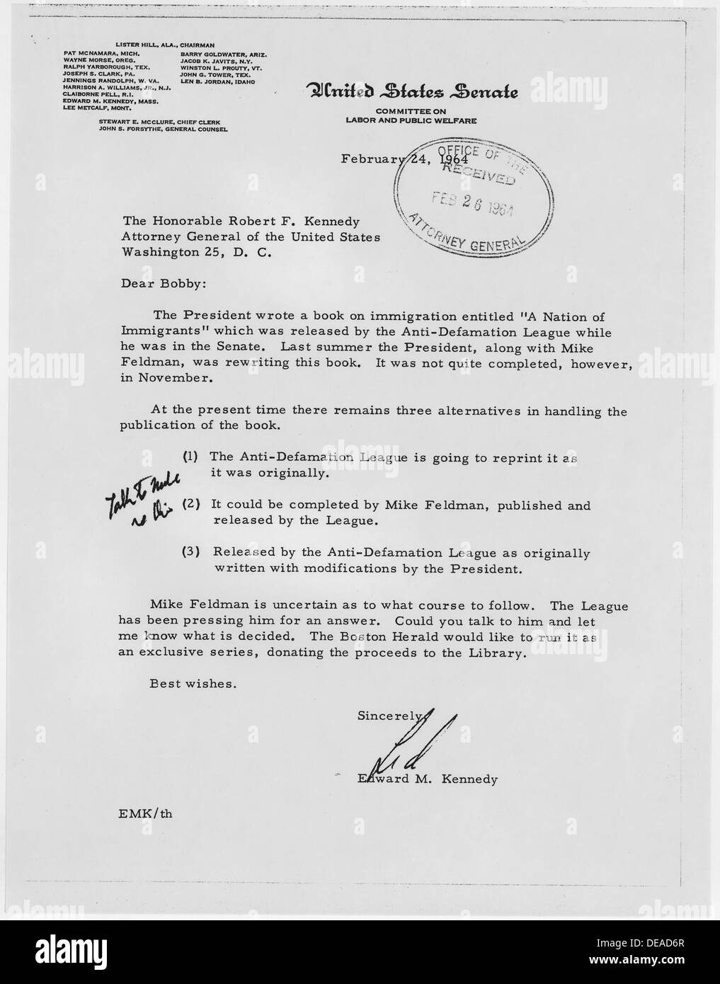 Edward M. Kennedy Brief an Kennedy A Nation von Einwanderern 193963 Stockfoto