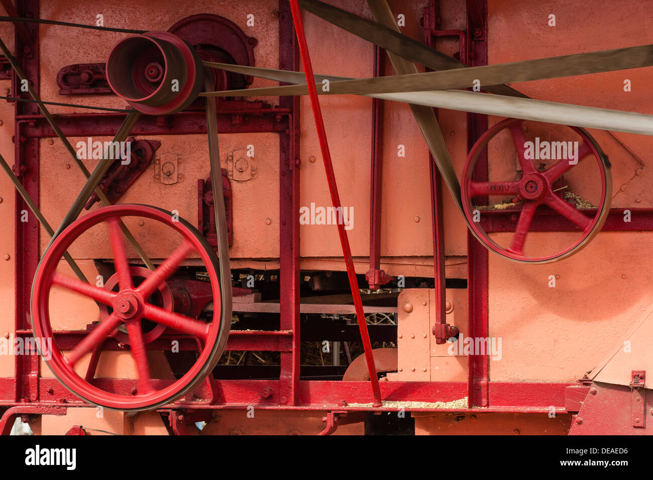 Nahaufnahme von Dampf betriebene Dreschmaschine, Haddenham Steam Rally, Cambridgeshire Stockfoto