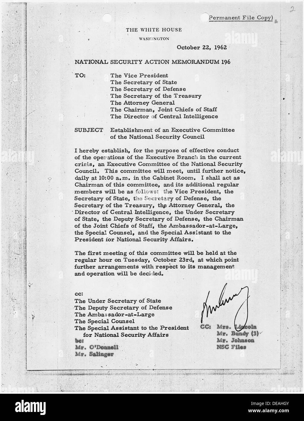 In dem Memorandum Nr. 196 wird die Einsetzung eines Exekutivausschusses des Nationalen Sicherheitsrats zur Verbesserung der Koordinierung in Fragen der nationalen Sicherheit beschrieben. Stockfoto