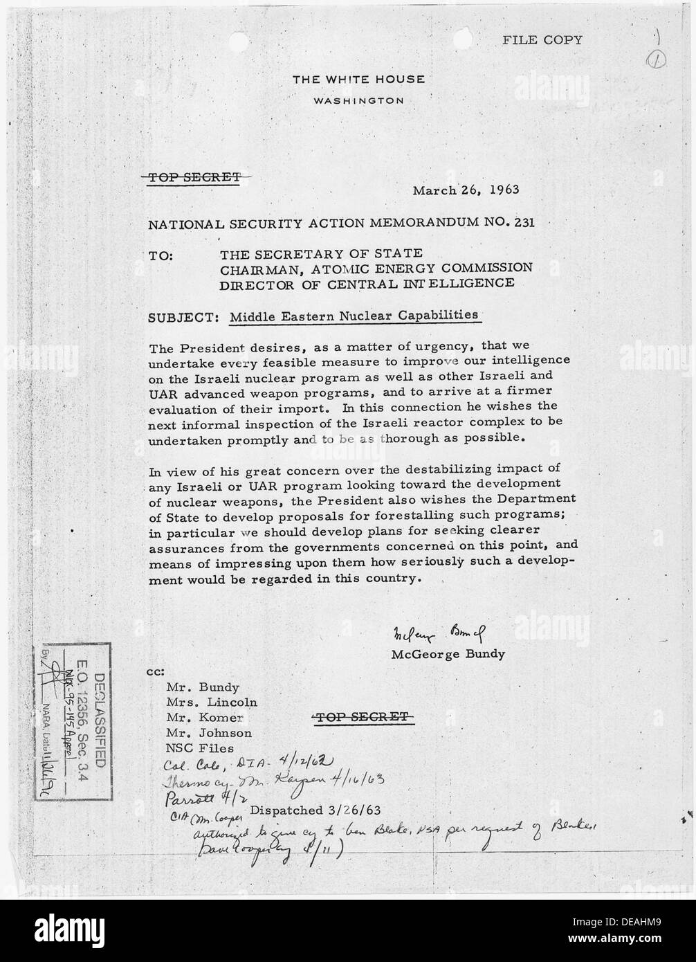 National Security Action Memorandum Nr. 231 nahöstlichen nukleare Kapazitäten 193608 Stockfoto