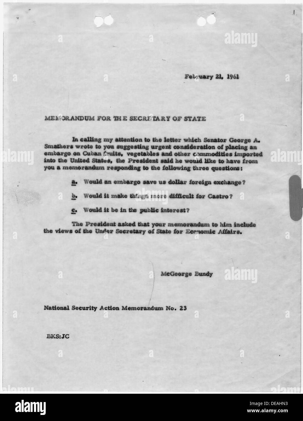 National Security Action Memorandum Nr. 23 Empfehlung, das verbleibende aus Kuba in die USA exportiert werden mit einem Embargo 193423 Stockfoto