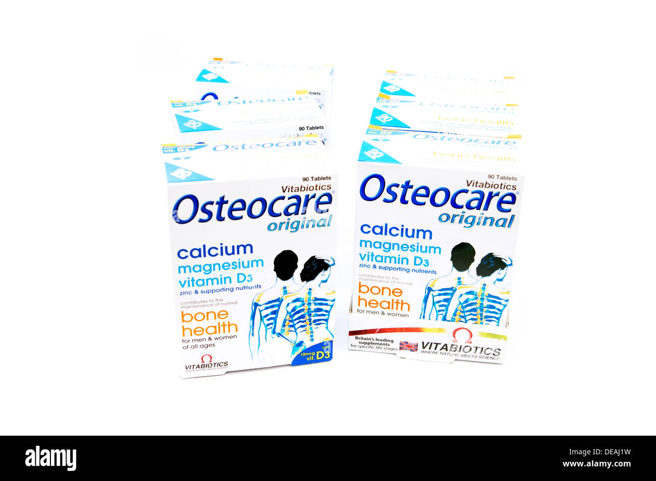 Osteocare Tabletten (Calcium Magnesium Vitamin D Zink & unterstützen Nährstoffe zum Kampf gegen Osteoporose Stockfoto