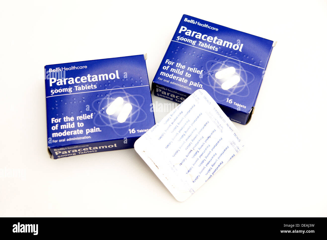 Generische Packungen mit Paracetamol Tabletten zur Linderung von leichten bis mittelstarken Schmerzen Stockfoto