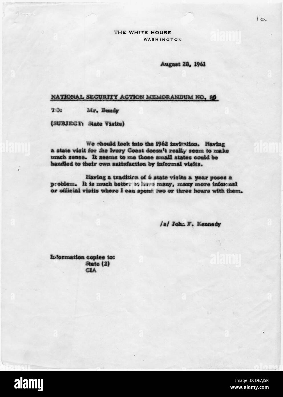 National Security Staatsbesuche Action Memorandum Nr. 85 193479 Stockfoto