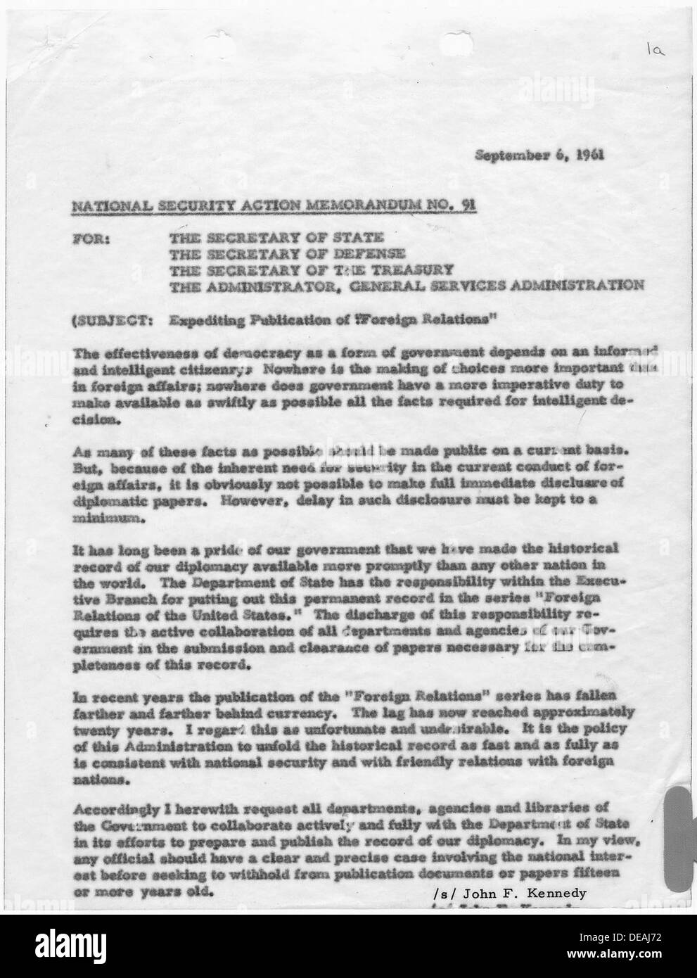 National Security Action Memorandum Nr. 91 Beschleunigung Publikationen in den auswärtigen Beziehungen 193484 Stockfoto