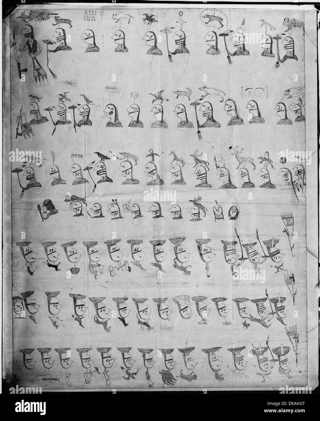 Dieses Bild zeigt Oglala-Kunstwerke, möglicherweise eine Darstellung eines Alphabets. Es spiegelt die Kultur der Ureinwohner und den künstlerischen Ausdruck der Oglala Lakota-Gemeinschaft wider. Stockfoto