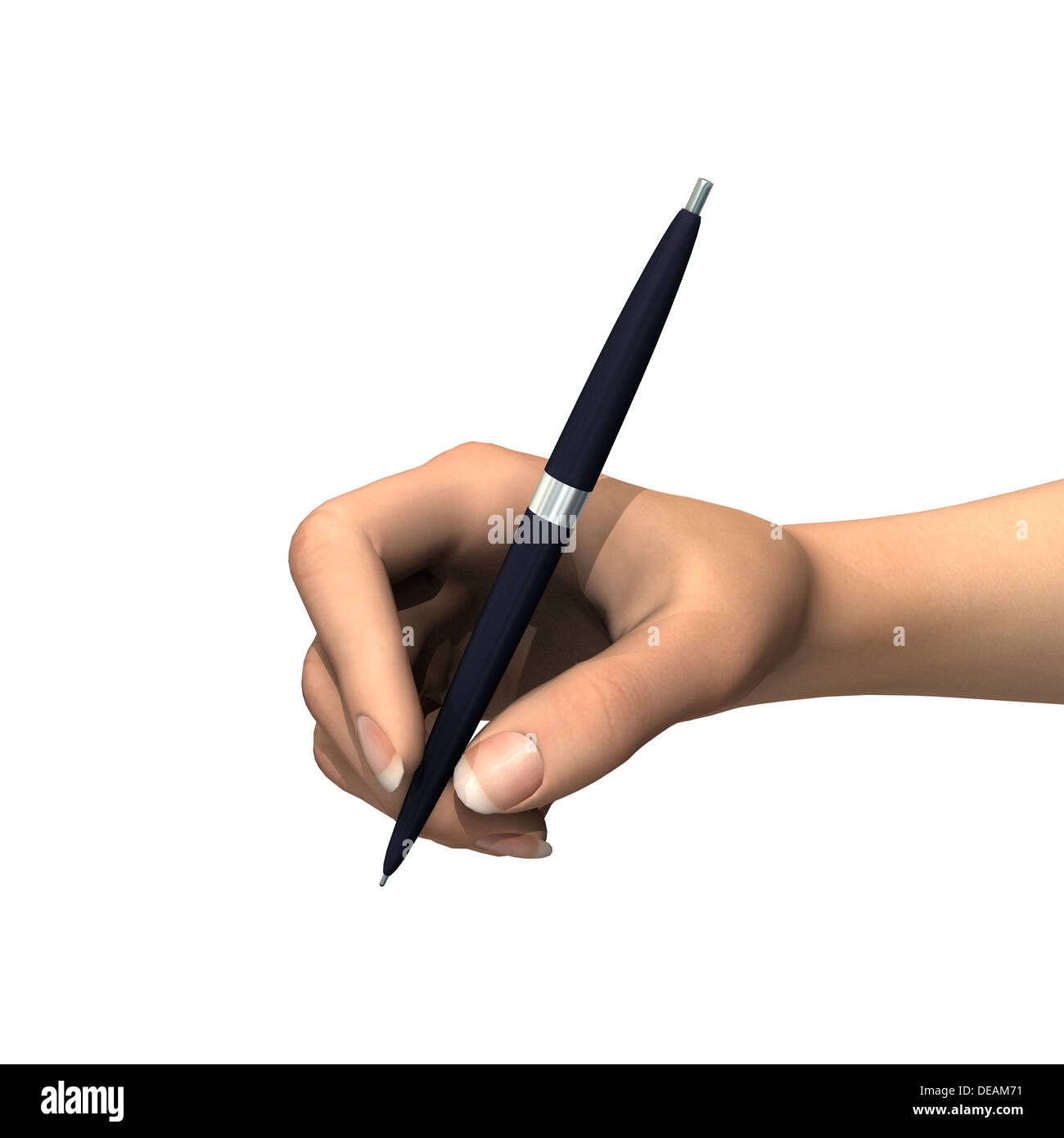 Digitale 3D Rendern einer menschlichen Hand hält einen schwarzen Stift isoliert auf weißem Hintergrund Stockfoto