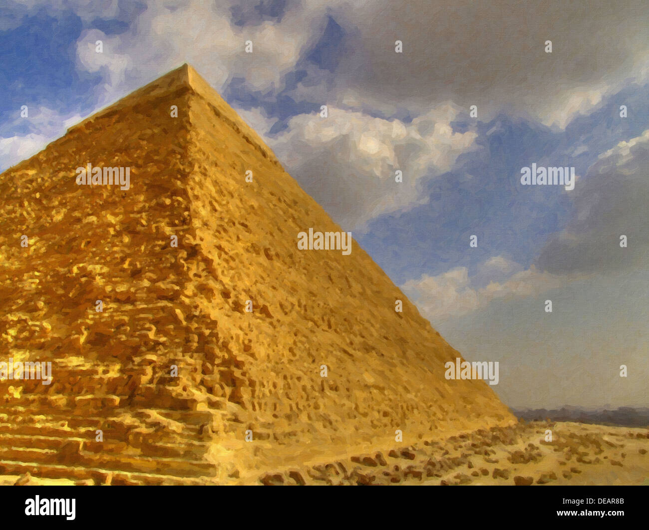 Eine digitale Malerei von einem der großen Pyramiden von Giza mit einem Smog bedeckt Kairo im Hintergrund Stockfoto