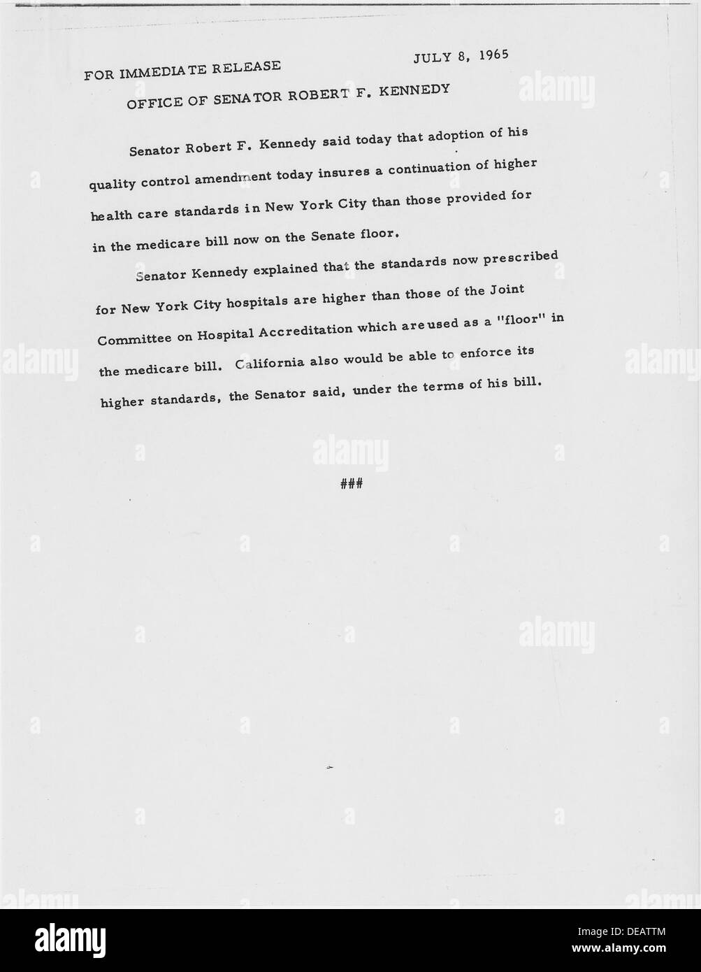 Kennedy Medicare Bill Anweisung 8. Juli 1965 194045 Stockfoto