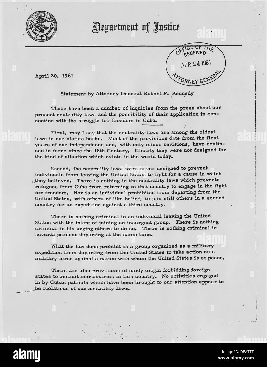 Kennedy-Anweisung auf Kuba und Neutralität Gesetze 20. April 1961 193990 Stockfoto