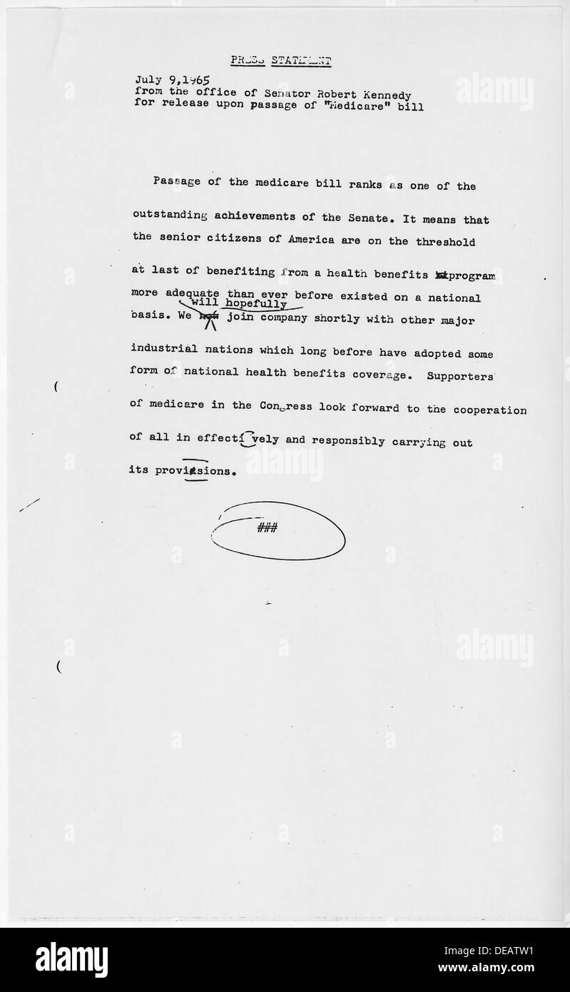 Kennedy-Erklärung zur Verabschiedung des Gesetzes Medicare 9. Juli 1965 194046 Stockfoto