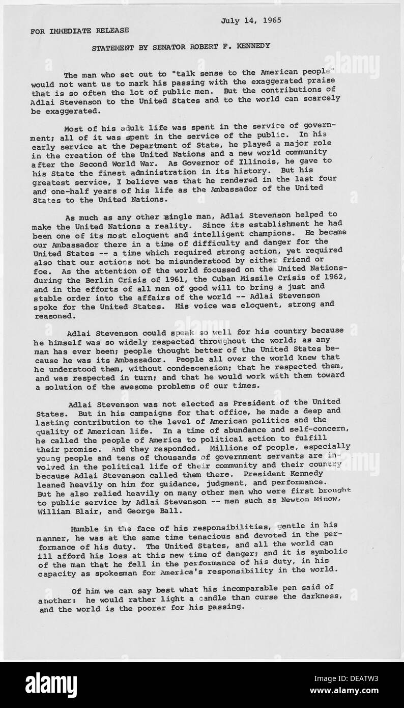 Kennedy-Erklärung zum Tod von Adlai Stevenson 14. Juli 1965 194049 Stockfoto