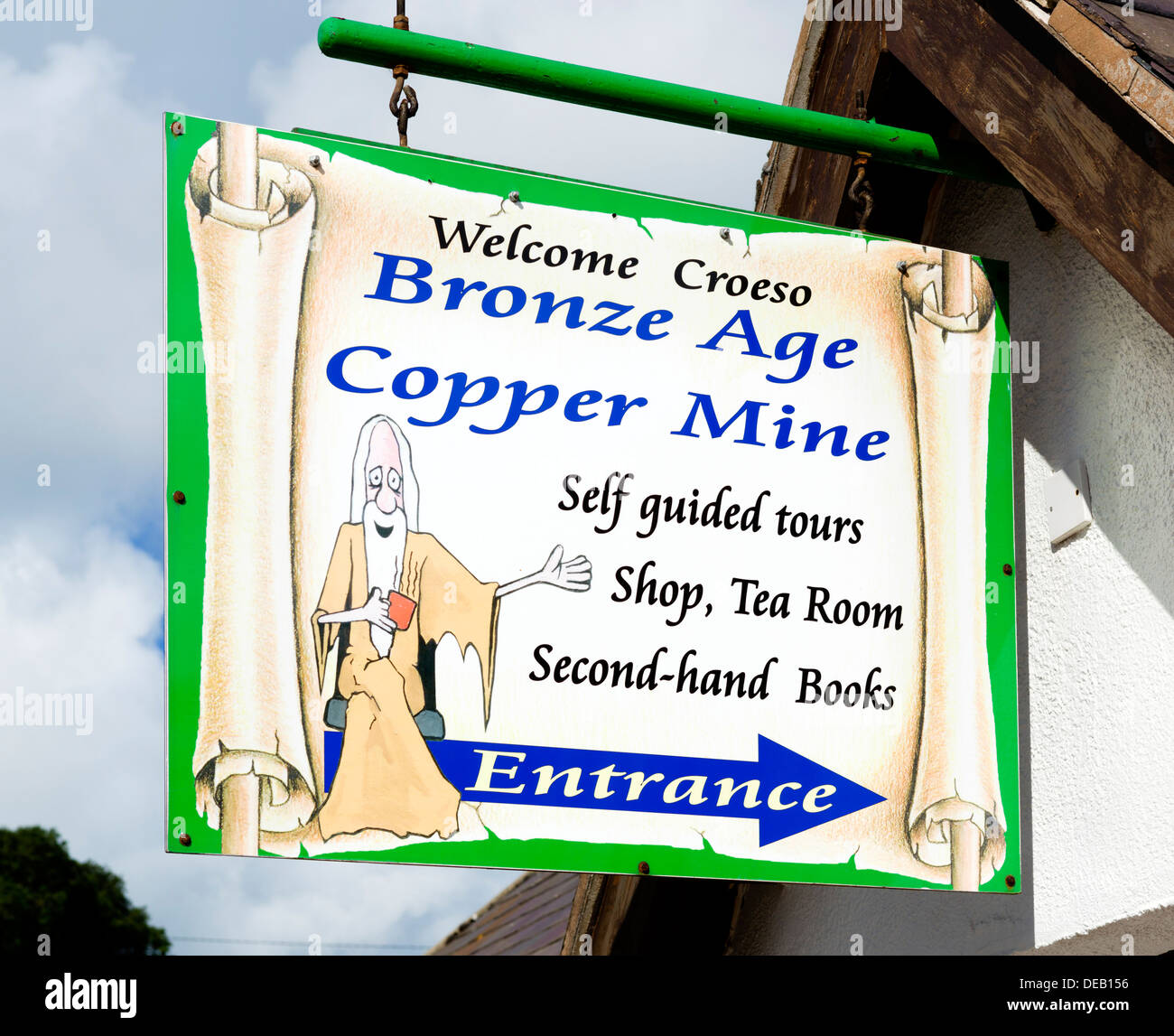 Ortseingangsschild zur Bronzezeit Kupfer-Minen, The Great Orme, Llandudno, Conwy, North Wales, UK Stockfoto