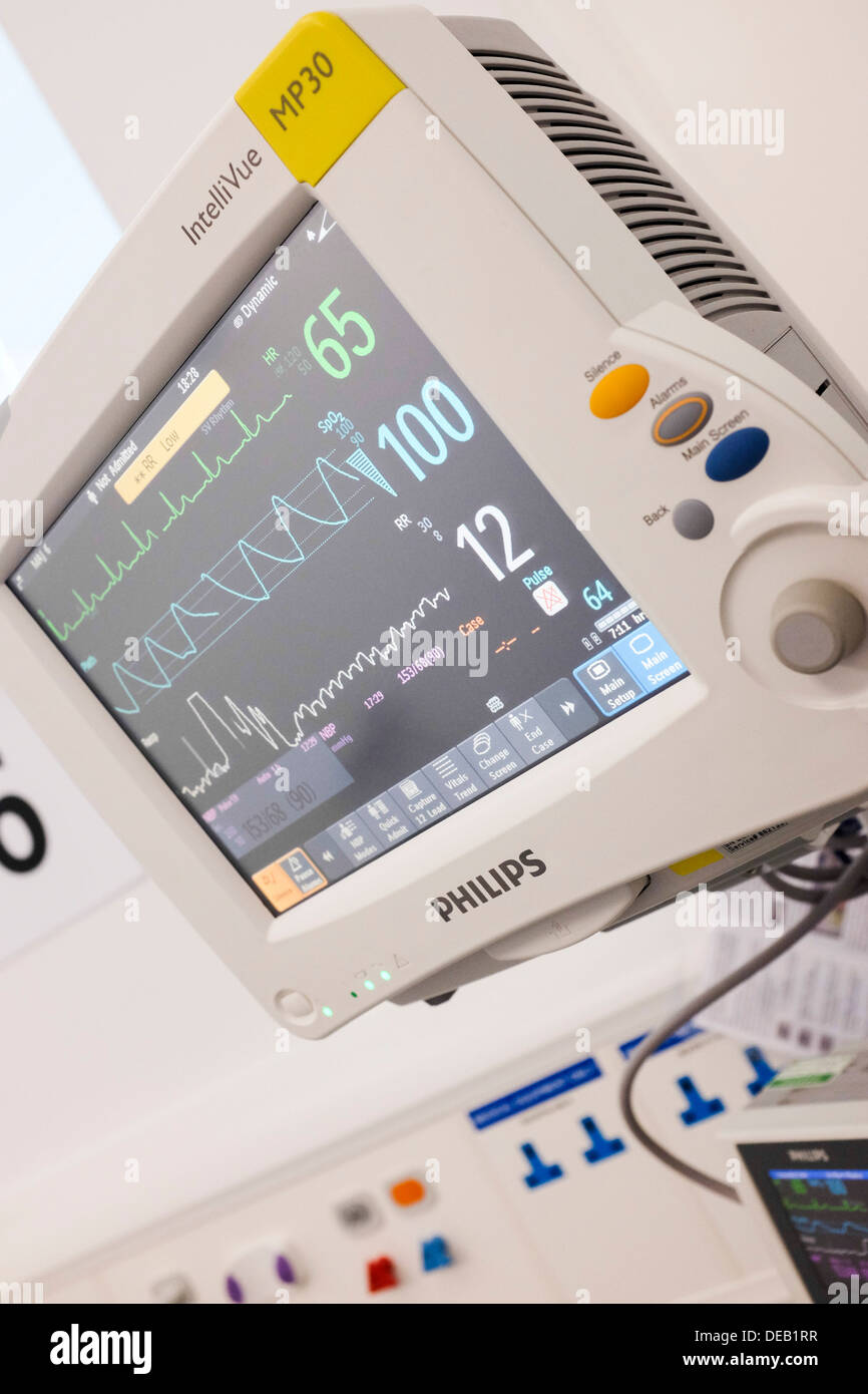 Patienten-monitoring Ausrüstung Display an die Notaufnahme Dept, Bronglais Krankenhaus Aberystwyth, Wales UK Stockfoto