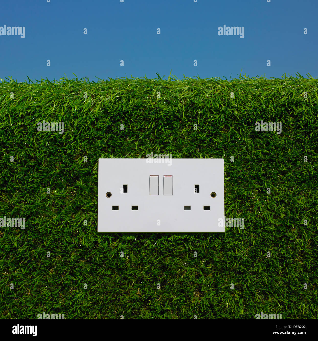 Elektrische Steckdose auf Grass Hintergrund. Ein Symbol für saubere Energie. Stockfoto