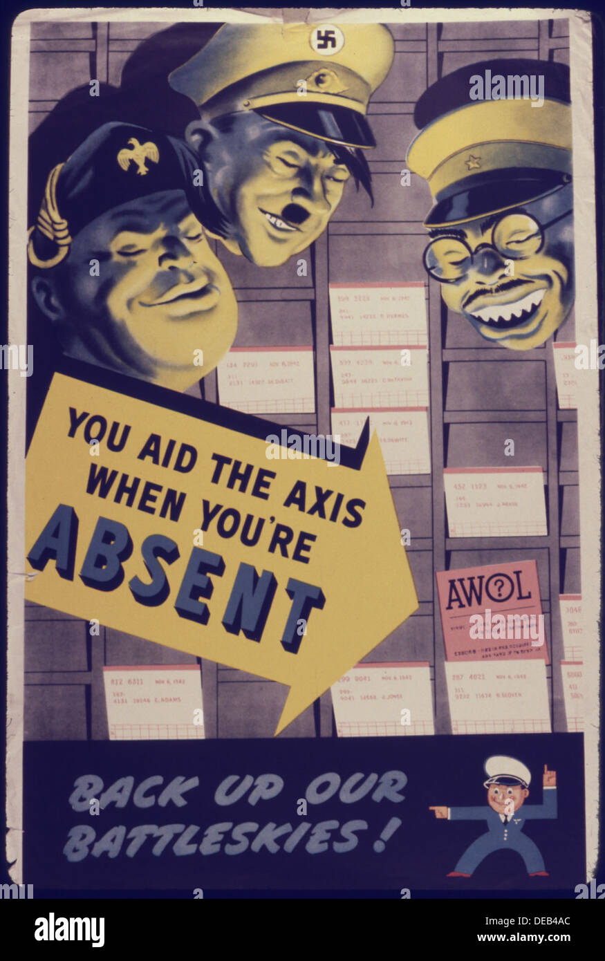 Dieses Poster aus der Zeit des Zweiten Weltkriegs ist eine starke Botschaft, die die Bürger ermutigt, die Kriegsanstrengungen zu unterstützen, indem sie aktiv und engagiert bleiben, und betont die Bedeutung der Einheit gegen die Achsenmächte. Stockfoto