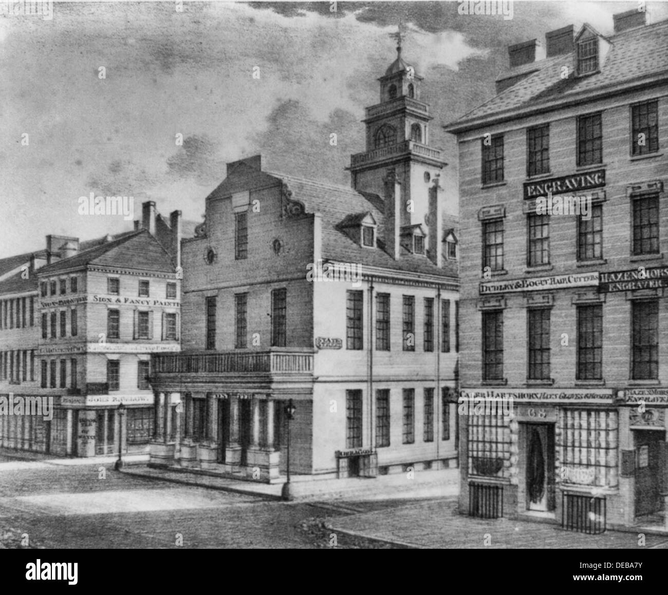 Blick auf die Post, Rathaus, etc. entnommen S.W in Washington Street, Boston, Massachusetts, um 1800 Stockfoto