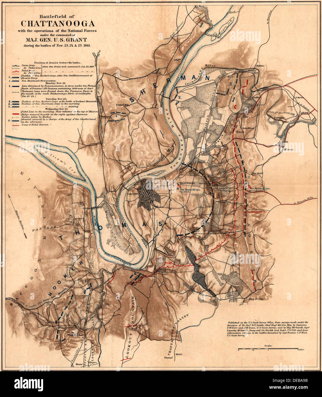Schlachtfeld von Chattanooga mit den Operationen der nationalen Kräfte unter dem Kommando von Major General US Grant während der Schlachten von November 23, 24, & 25, 1863 Stockfoto