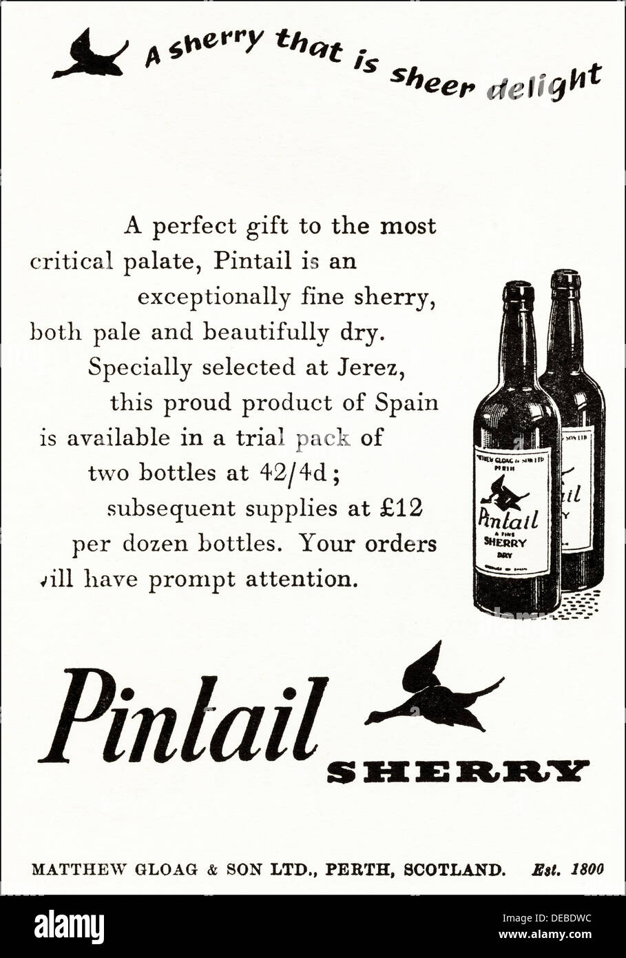 Werbung Werbung PINTAIL SHERRY Magazin Anzeige ca. 1954 Stockfoto