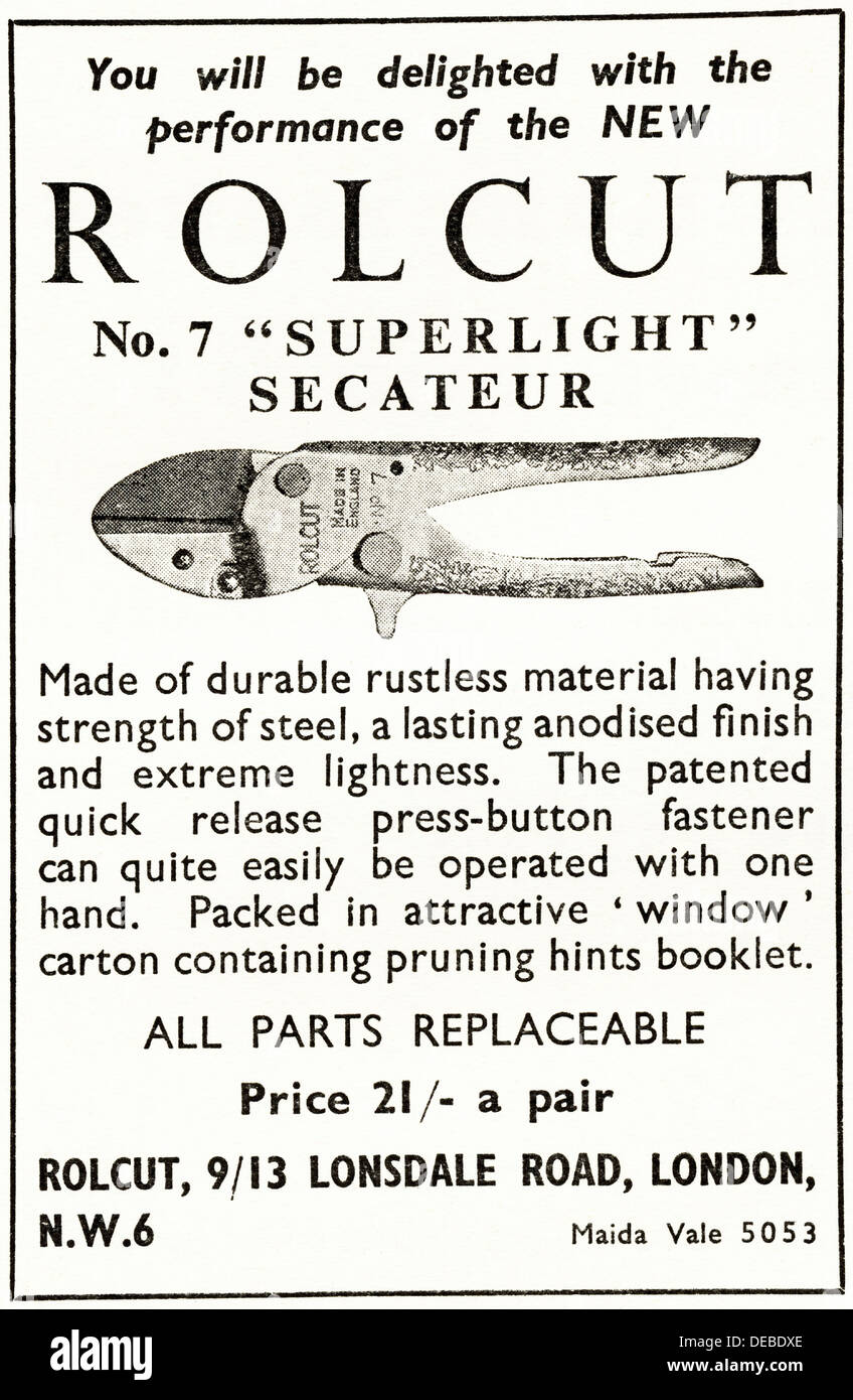 Werbung Werbung ROLCUT Secateur Magazin Anzeige ca. 1954 Stockfoto