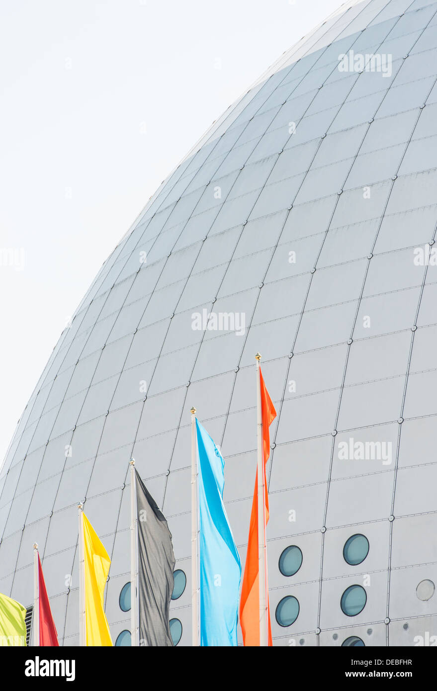 Detail der Stockholm Globe Arena, eine Kugel geformt-Stadion für Konzert- und Sport Arrangements in Schweden Stockfoto