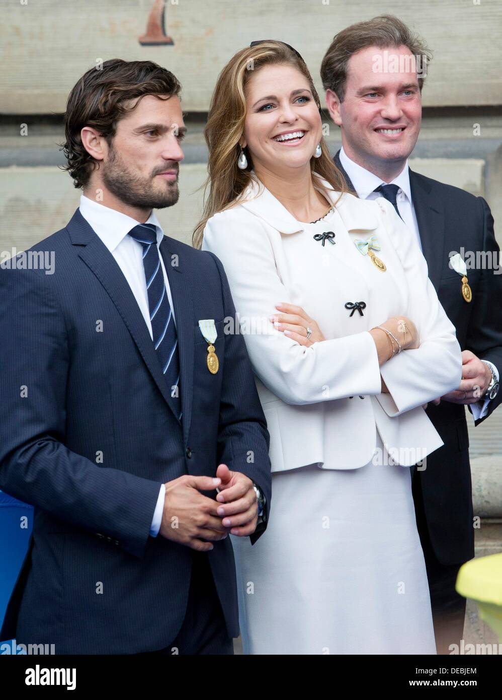 Stockholm, Schweden. 15. September 2013. Prinz Carl Philip, Prinzessin Madeine und Chris O'Neill besuchen die Eröffnung der Tanz-Feier der Stadt Stockholm im Zusammenhang mit König Carl Gustaf 40-jähriges Jubiläum auf dem Innenhof des königlichen Palastes in Stockholm, Schweden, 15. September 2013. Foto: Dpa/Patrick van Katwijk/Alamy Live News Stockfoto