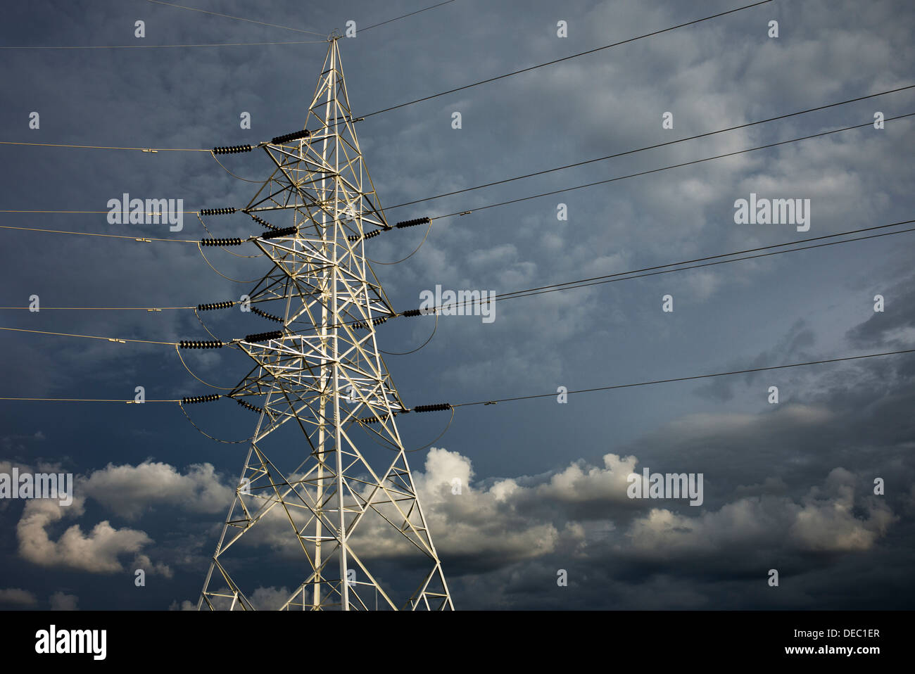 Strommasten und Kabel in der indischen Landschaft gegen einen dunklen Gewitterhimmel. Andhra Pradesh, Indien Stockfoto