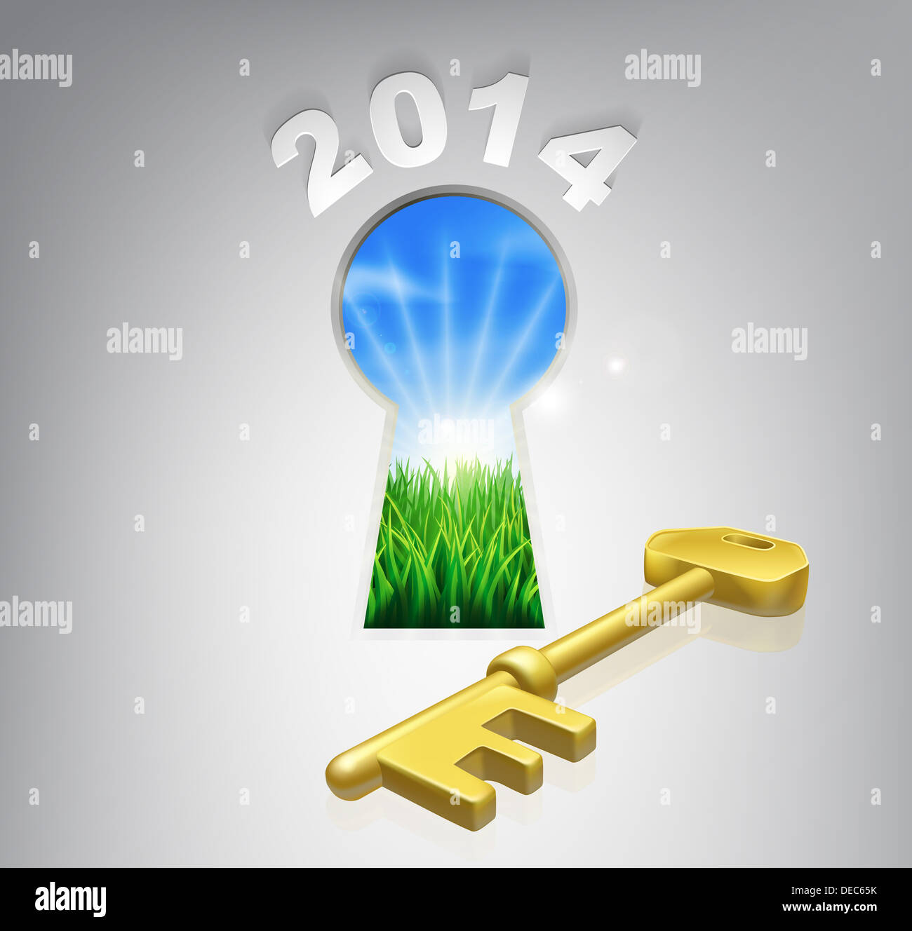 Schlüssel für das Zukunftskonzept 2014 ein Schlüsselloch mit einer neuen Morgendämmerung über grüne Landschaft und goldener Schlüssel Stockfoto