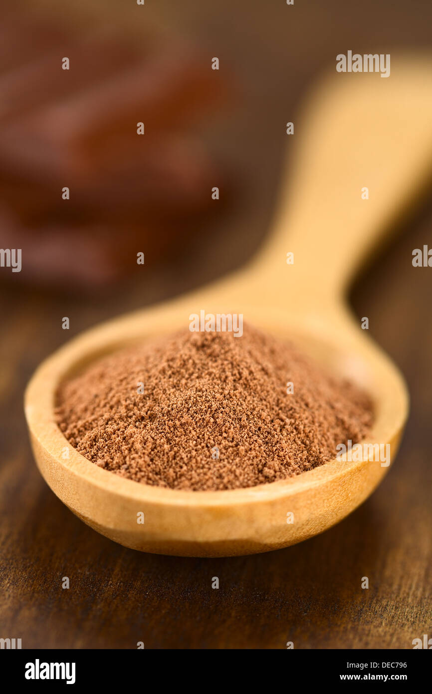 Kakaopulver auf Holzlöffel mit Schokoladenstückchen in den Rücken (sehr flache Schärfentiefe, Fokus ein Drittel in den Kakao) Stockfoto