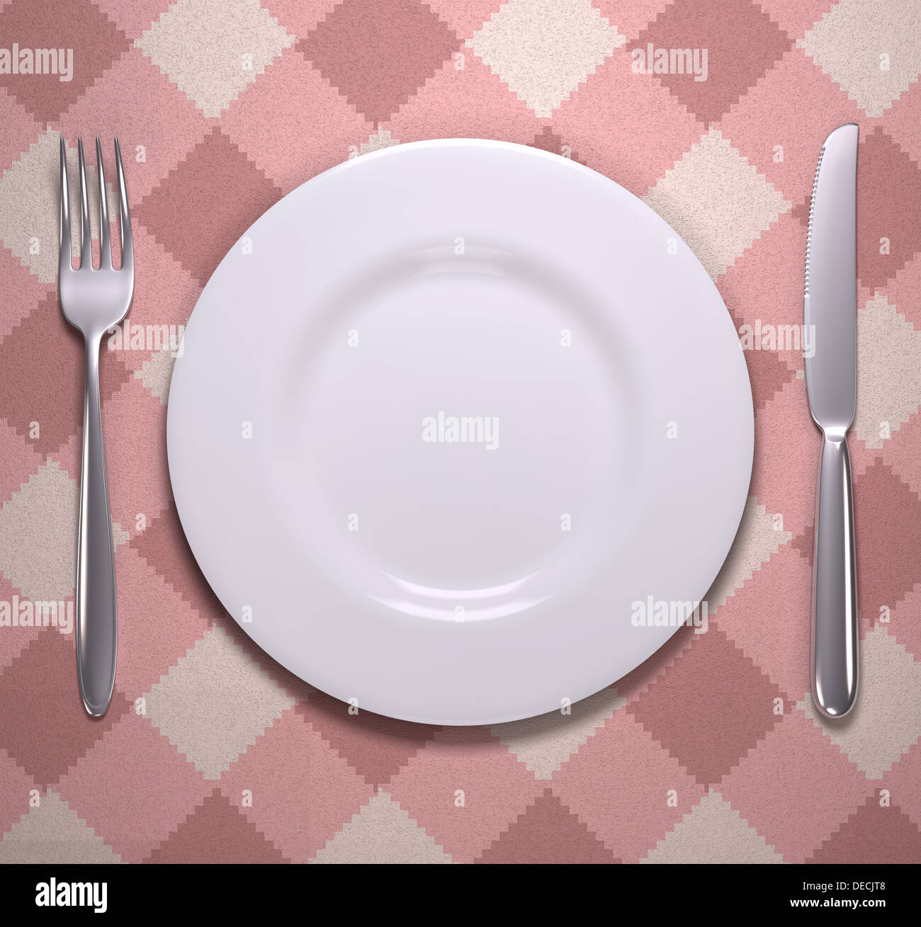Besteck und leere Teller. Ihr Text oder Bild auf dem Teller. Stockfoto