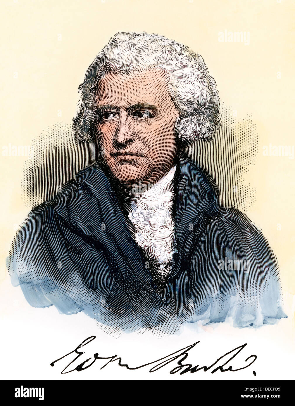 Edmund Burke, mit seiner Unterschrift. Hand - farbige Holzschnitt Stockfoto