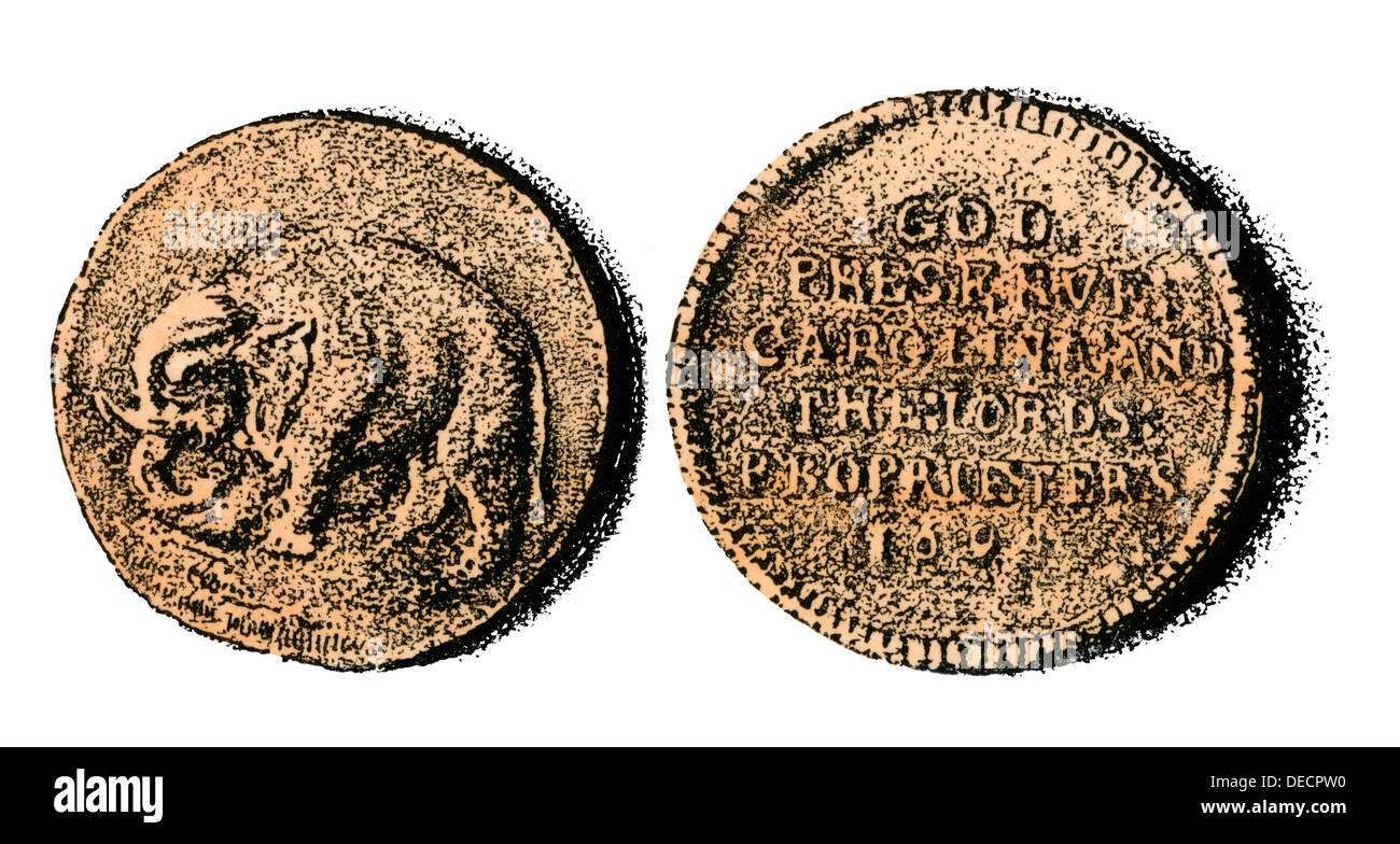 Elefant Münze der kolonialen Carolina. Hand - farbige Holzschnitt Stockfoto