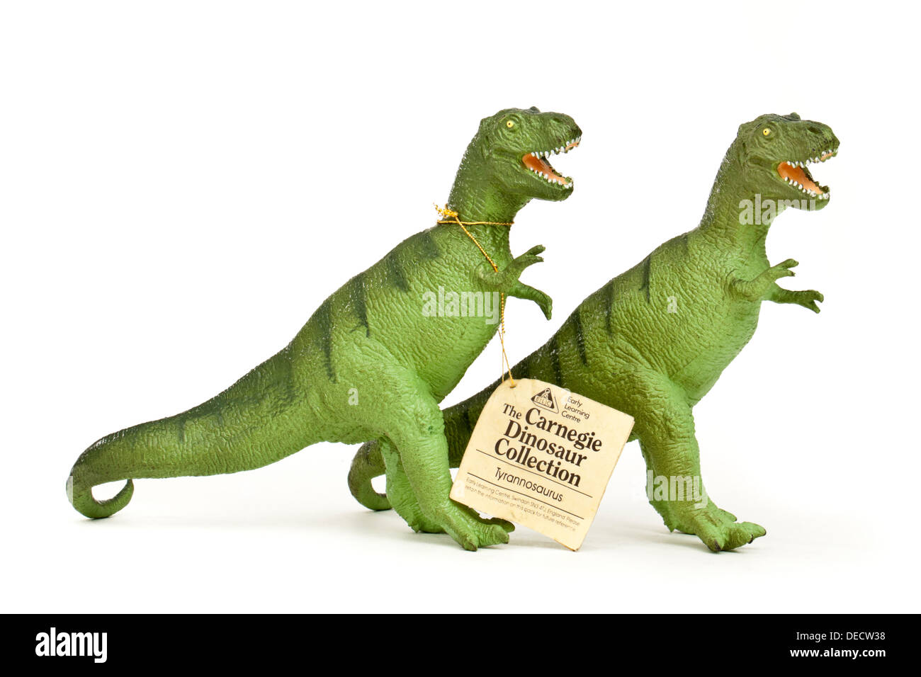 Paar von Jahrgang 1980 Tyrannosaurus Rex Dinosaurier Spielzeug aus der Carnegie-Dinosaurier-Sammlung ausgestellt von ELC UK Stockfoto