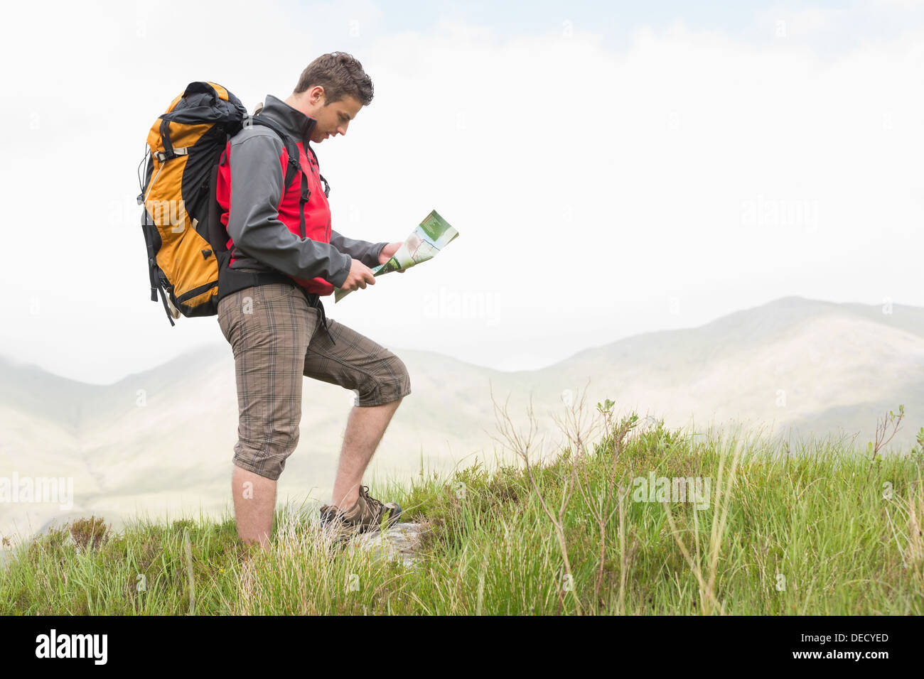 Gut aussehend Wanderer mit Rucksack Wandern bergauf Kartenlesen Stockfoto