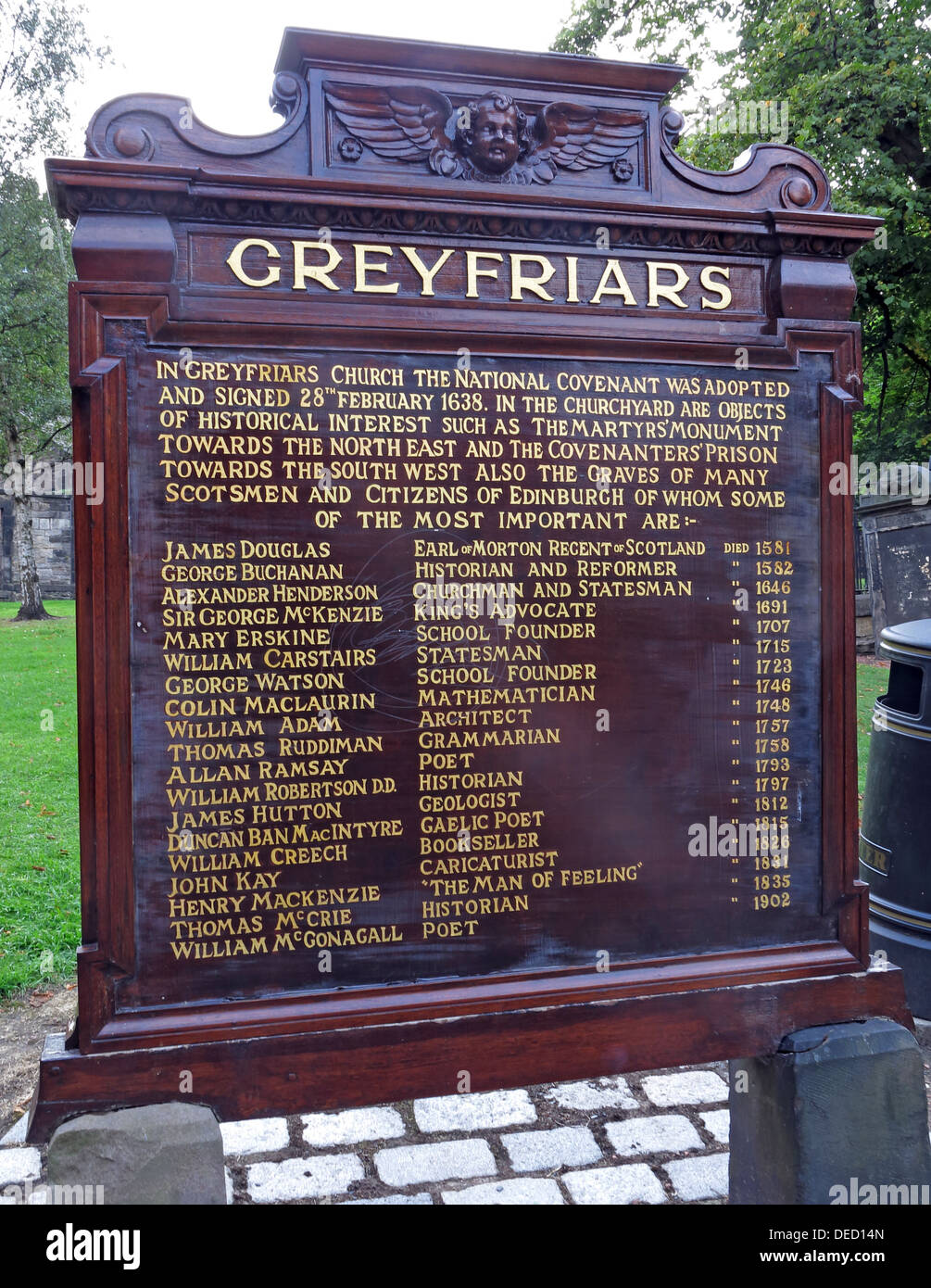Greyfriars Kirkyard Eingangsliste von wichtigen Schotten und Bürgern, Grey Friars, Edinburgh Capital City, Schottland UK, EH1 2QE Stockfoto
