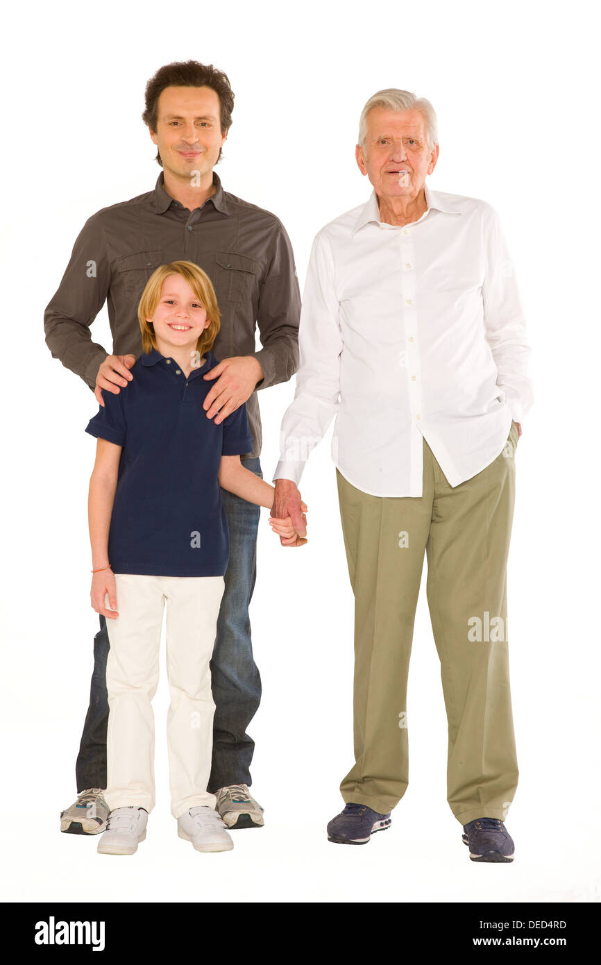 Gandfather Vater mit Sohn Neffe stehend auf weißem Hintergrund Stockfoto