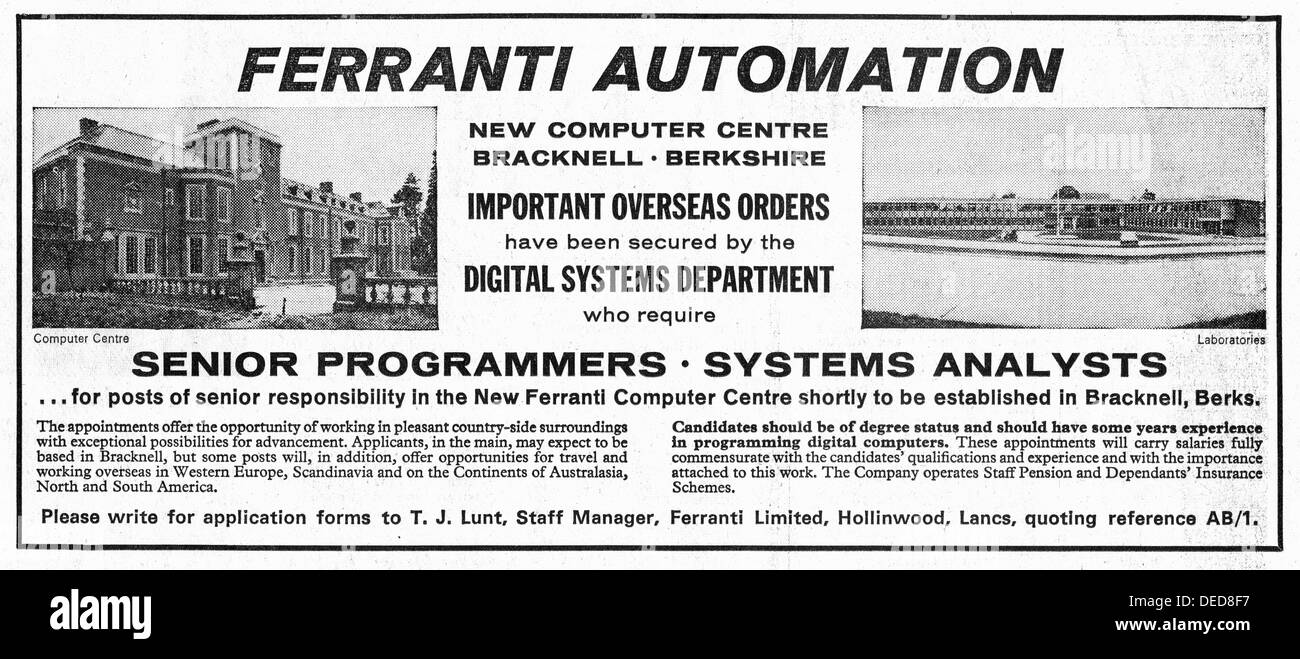 Ferranti Stellenanzeige für Programmierer im Jahr 1965 Stockfoto