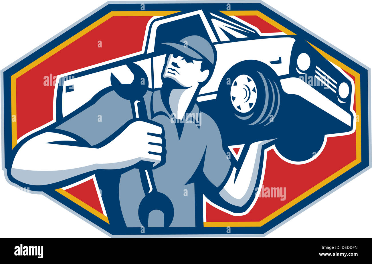 Abbildung von einem Automechaniker tragen Pick-up Truck Auto Fahrzeug auf Schulter halten Schraubenschlüssel Schraubenschlüssel im retro-Stil gemacht. Stockfoto