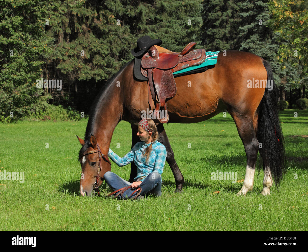 Entzückende junge Cowgirl hält ein Pferd durch die Zügel im freien Stockfoto