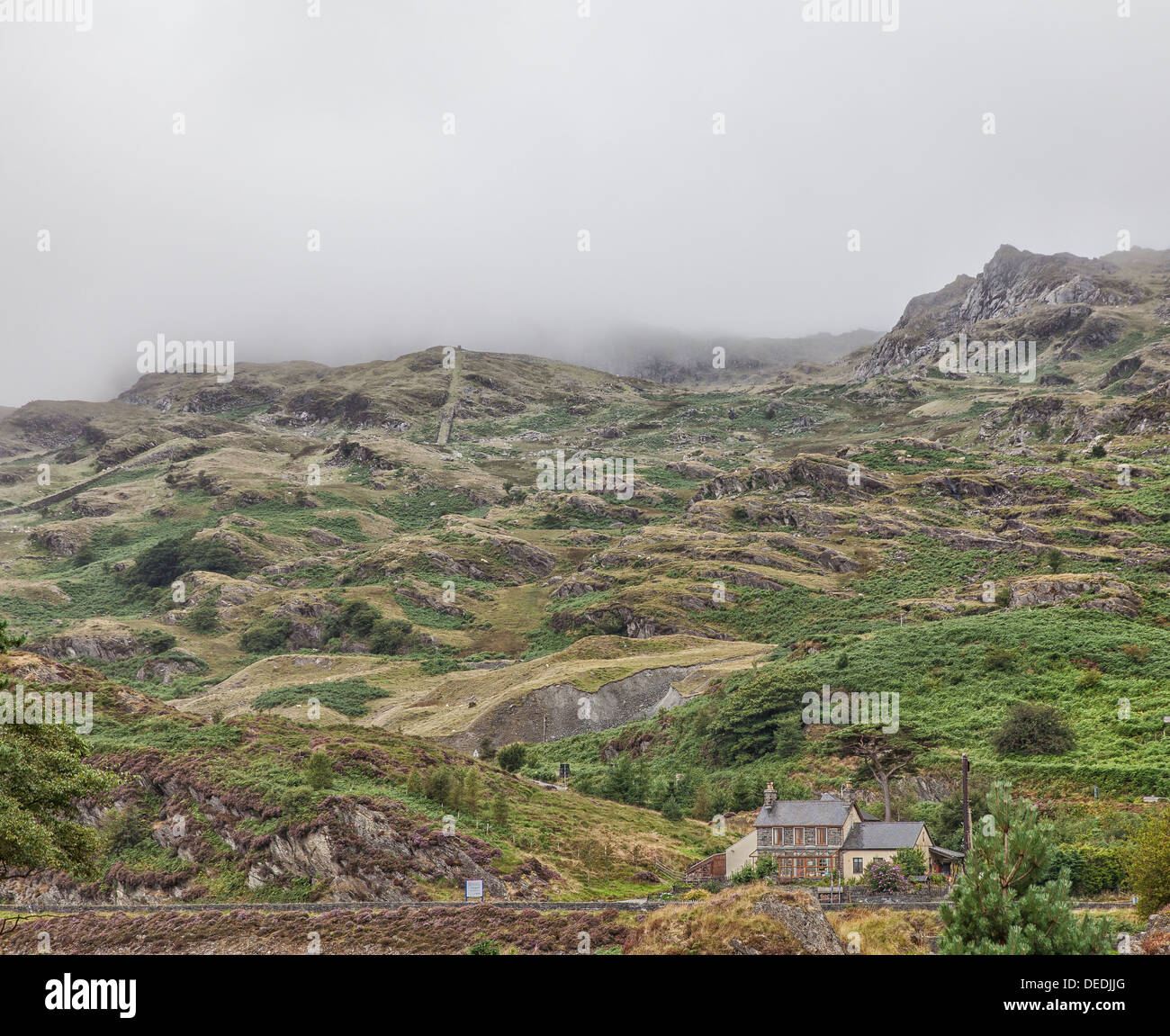 Haus auf einem nebligen Hügel in wales Stockfoto