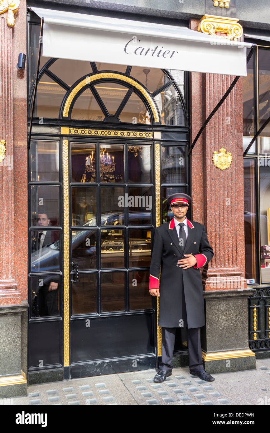 Cartier London Store Eingang mit Türsteher Stockfoto