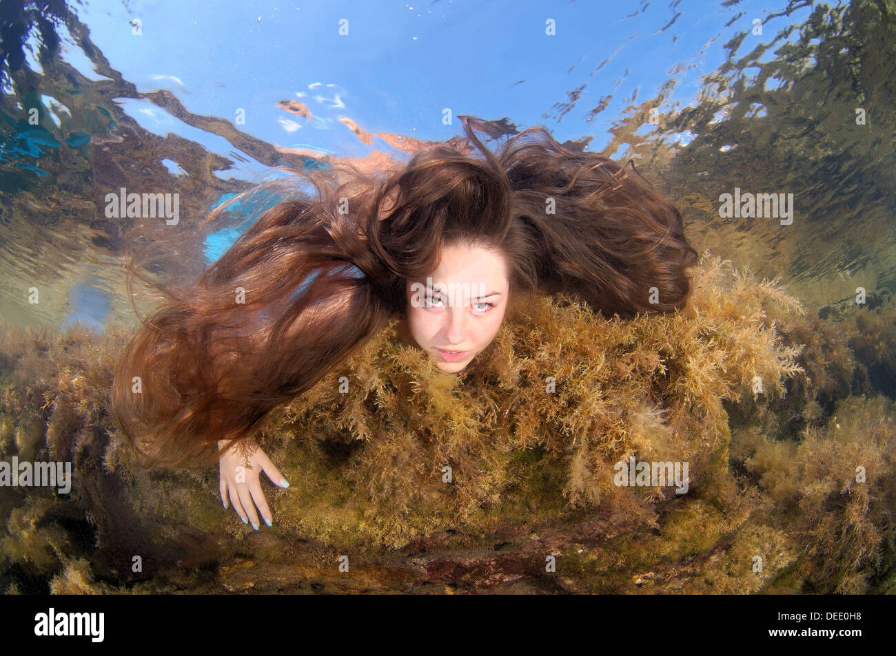 Eine junge Frau mit langen Haaren sieht unter Wasser im Schwarzen Meer Stockfoto