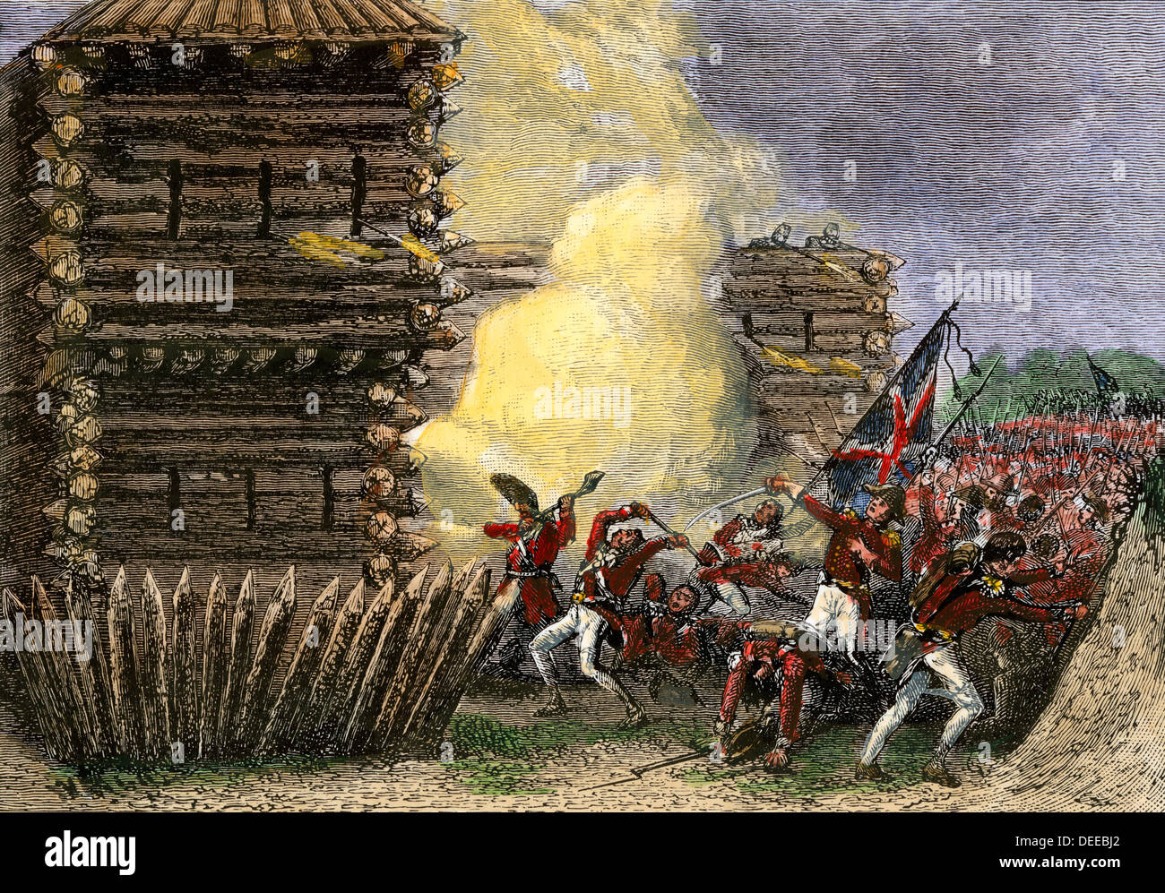 Die britischen und amerikanischen Alliierten Angriff auf Fort Stephenson in Ohio, der Krieg von 1812. Hand - farbige Holzschnitt Stockfoto