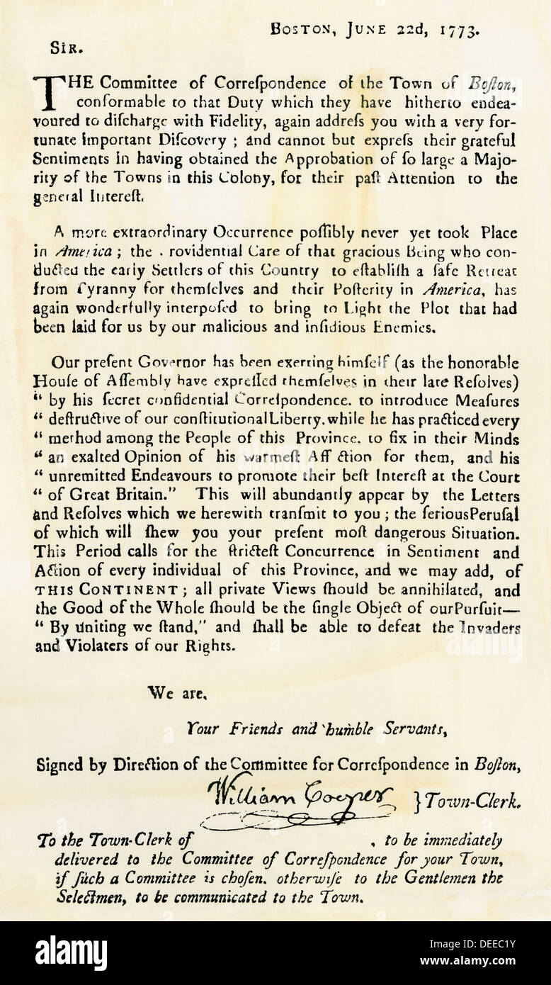 Bostons Ausschuss der Korrespondenz Beschwerde über Gouverneur Hutchinson, 1773. Holzschnitt mit einem Aquarell waschen Stockfoto