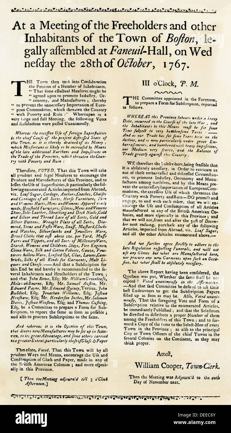 Boykott britischer waren in Boston in Reaktion auf die britische Townshend fungiert, 1767 angenommen. Holzschnitt mit einem Aquarell waschen Stockfoto
