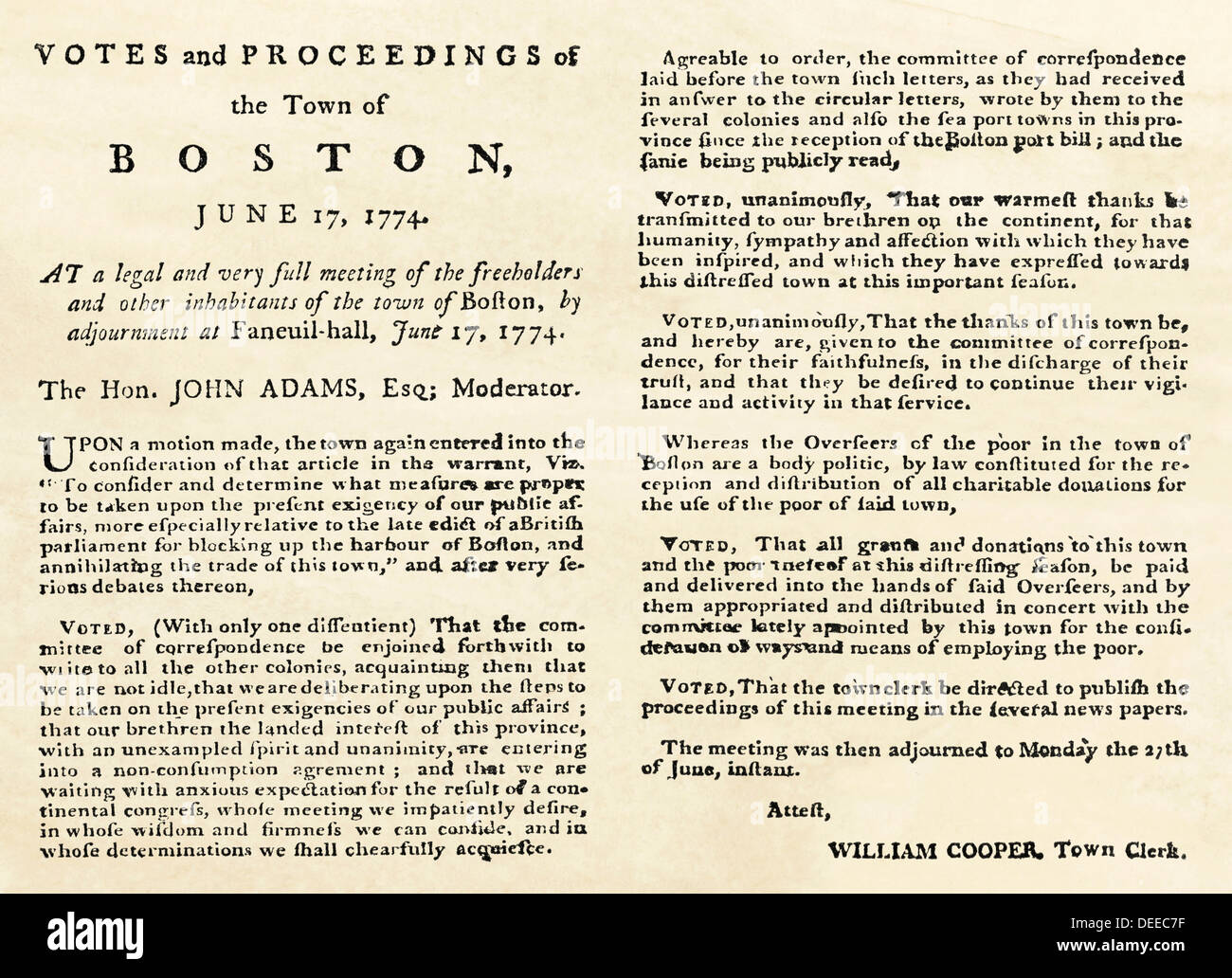 Boston Stadt treffen Antwort auf die Boston Port Act, 1774. Holzschnitt mit einem Aquarell waschen Stockfoto
