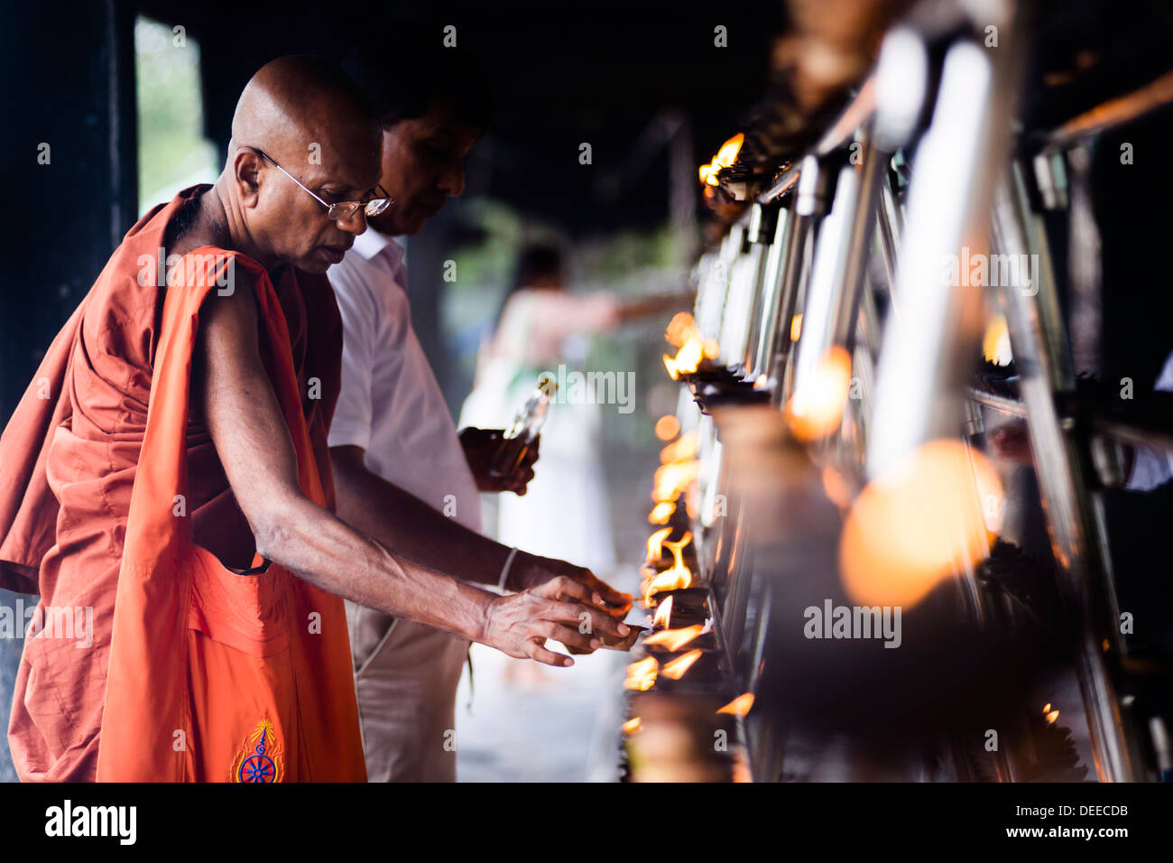 Buddhistischer Mönch beten am Sri Maha Bodhi in Mahavihara (das große Kloster), Anuradhapura, Sri Lanka, Asien Stockfoto